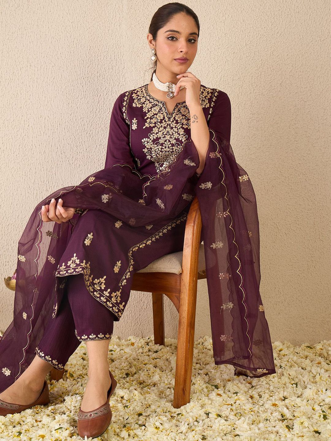 Ethnic Motifs Embroidered Gotta Patti Work Kurta With Trousers & Dupatta