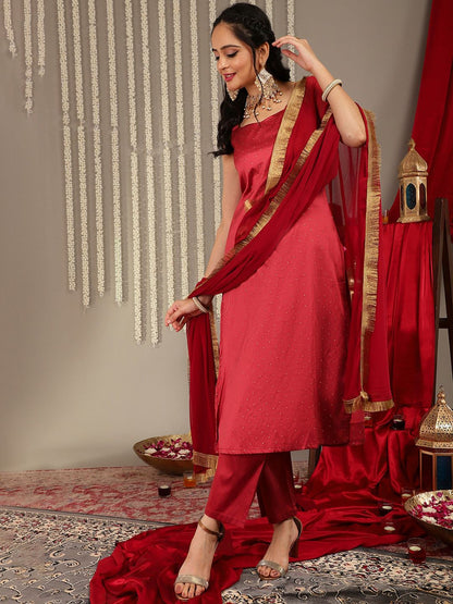 Dhiyona VA Women'sWoven Design Shoulder Straps Zari Detail Straight Kurta & Trousers With Dupatta