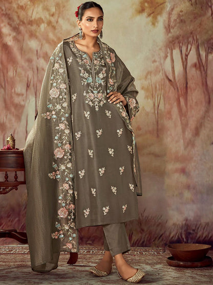 Dhiyona IE Floral Embroidered Regular Thread Work Chanderi Silk Straight Kurta Set