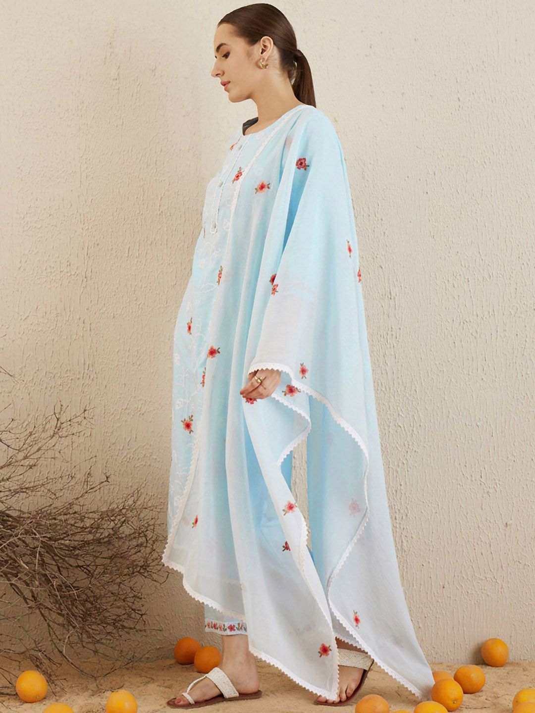 Dhiyona IE Ethnic Motifs Embroidered Thread Work Pure Cotton Kurta with Trousers & Dupatta
