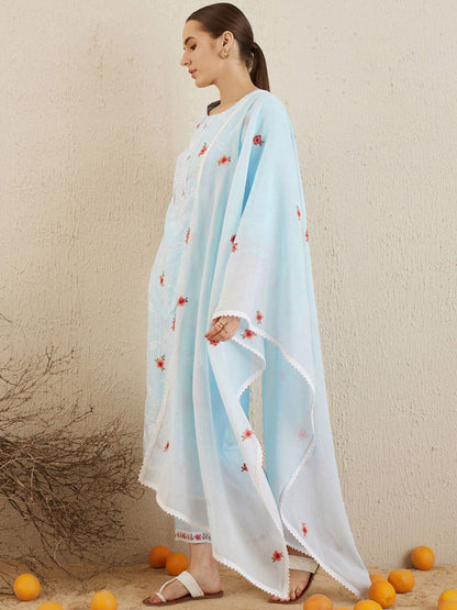 Dhiyona IE Ethnic Motifs Embroidered Thread Work Pure Cotton Kurta with Trousers & Dupatta