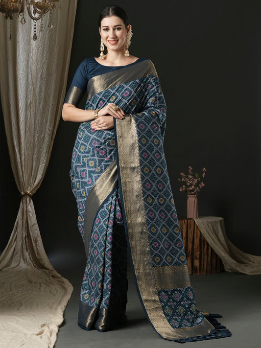 Women's Silk Blend Navy Blue Woven Design Designer Saree With Blouse Piece