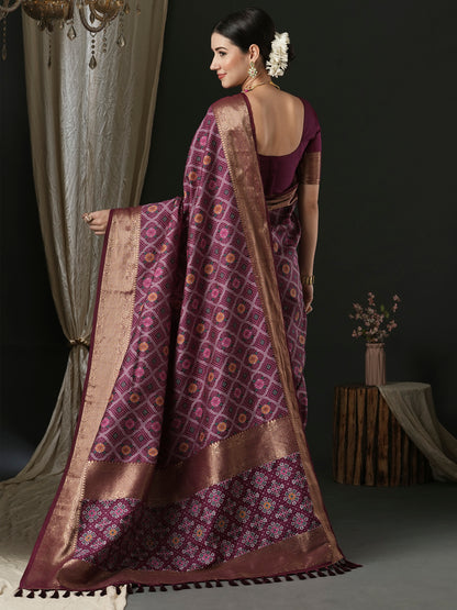 Women's Silk Blend Purple Woven Design Designer Saree With Blouse Piece