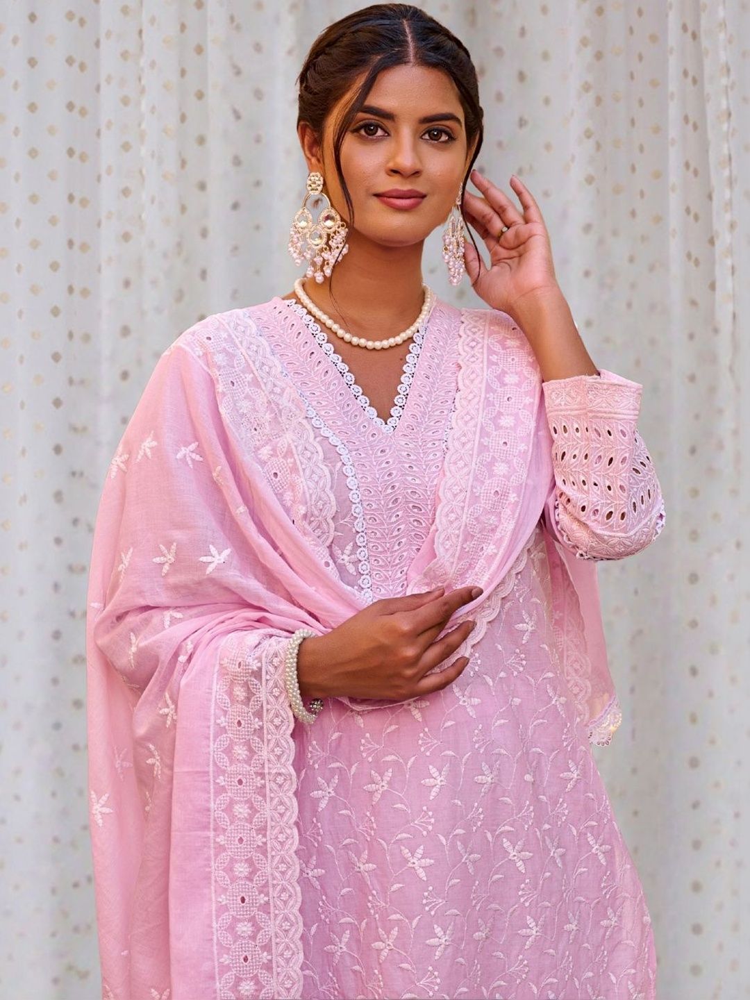 Dhiyona IE Women Ethnic Motifs Embroidered Regular Chikankari Pure Cotton Kurta with Trousers & With Dupatta