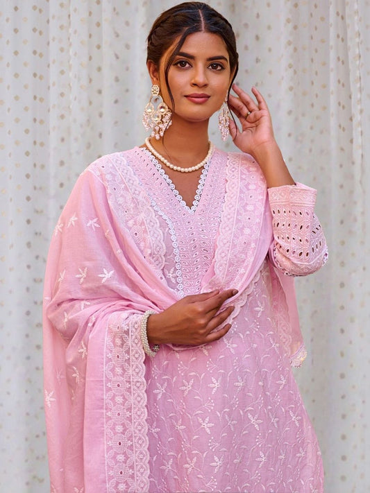 Women Ethnic Motifs Embroidered Regular Chikankari Pure Cotton Kurta with Trousers & With Dupatta