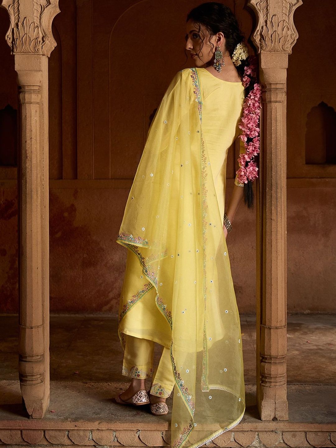 Dhiyona CH Floral Embroidered Sequinned Straight Kurta With Trousers & Dupatta