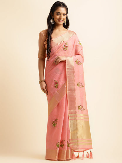 Dhiyona GR Women's Kashmira Pink Cotton Silk Saree