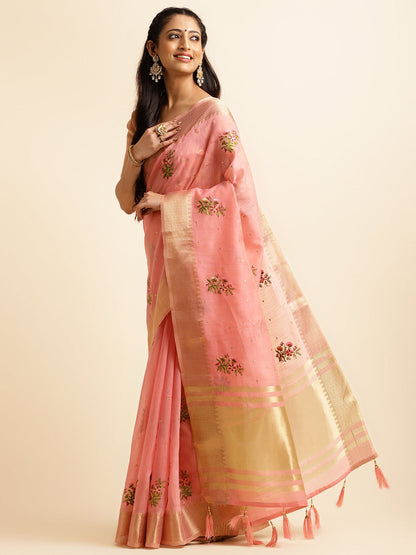 Dhiyona GR Women's Kashmira Pink Cotton Silk Saree