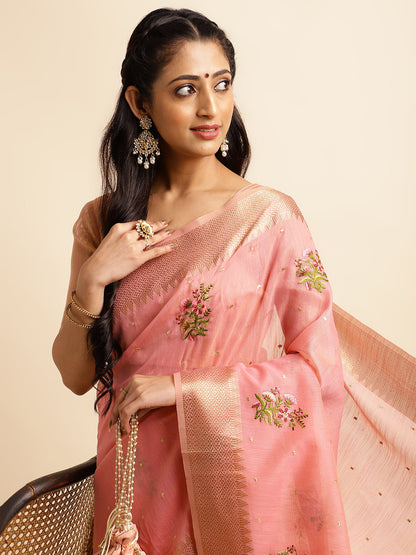 Dhiyona GR Women's Kashmira Pink Cotton Silk Saree