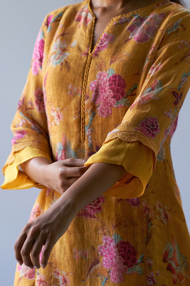 Women's Mustard Yellow Linen Chintz Printed Co-ord Set