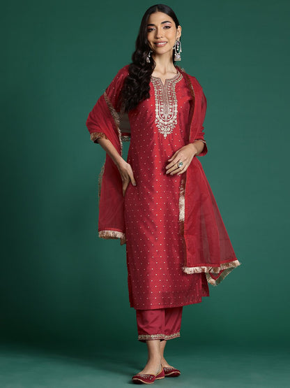 Embroidered Chanderi Silk Kurta With Trousers & Dupatta