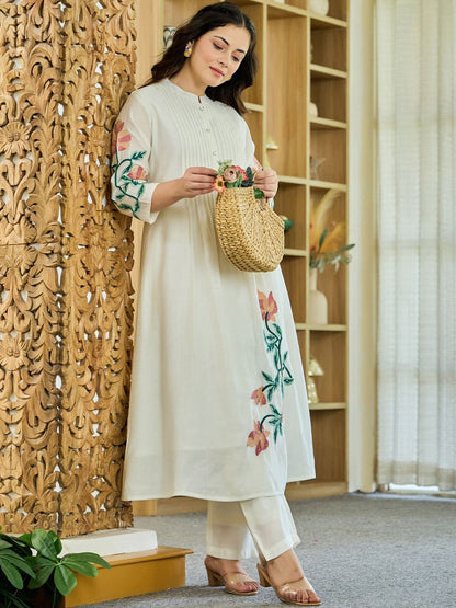 Floral Embroidered Mandarin Collar A Line Pure Cotton Kurta Wwith Trousers