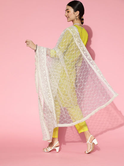 Women Olive Green Embroidered Regular Sequinned Chanderi Cotton Kurta with Trousers & With Dupatta