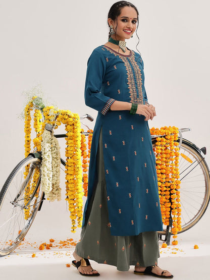 Dhiyona VA Women'sEthnic Motifs Embroidered Thread Work Kurta & Sharara With Dupatta