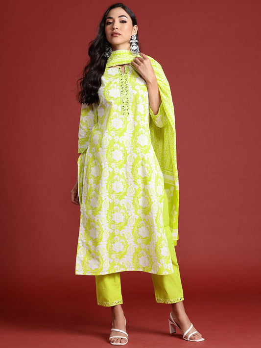 Floral Printed Thread Work Pure Cotton Kurta With Trousers & Dupatta