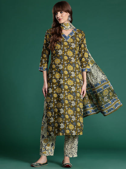 Dhiyona IE Floral Printed Pure Cotton Kurta with Trousers & With Dupatta