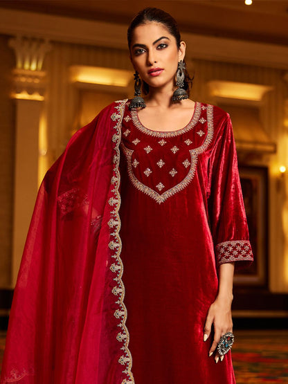 Dhiyona IE Women Ethnic Motifs Embroidered Regular Velvet Kurta with Trousers & With Dupatta