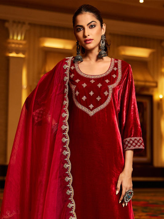 Dhiyona IE Women Ethnic Motifs Embroidered Regular Velvet Kurta with Trousers & With Dupatta