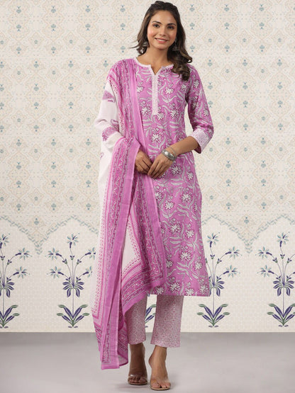 Dhiyona OD  Printed Notched Neck Pure Cotton Kurta With Trousers & Dupatta