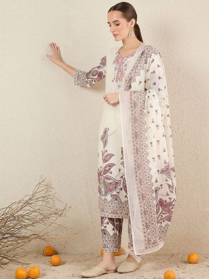 Women Floral Printed Cotton Kurta with Trousers & Dupatta