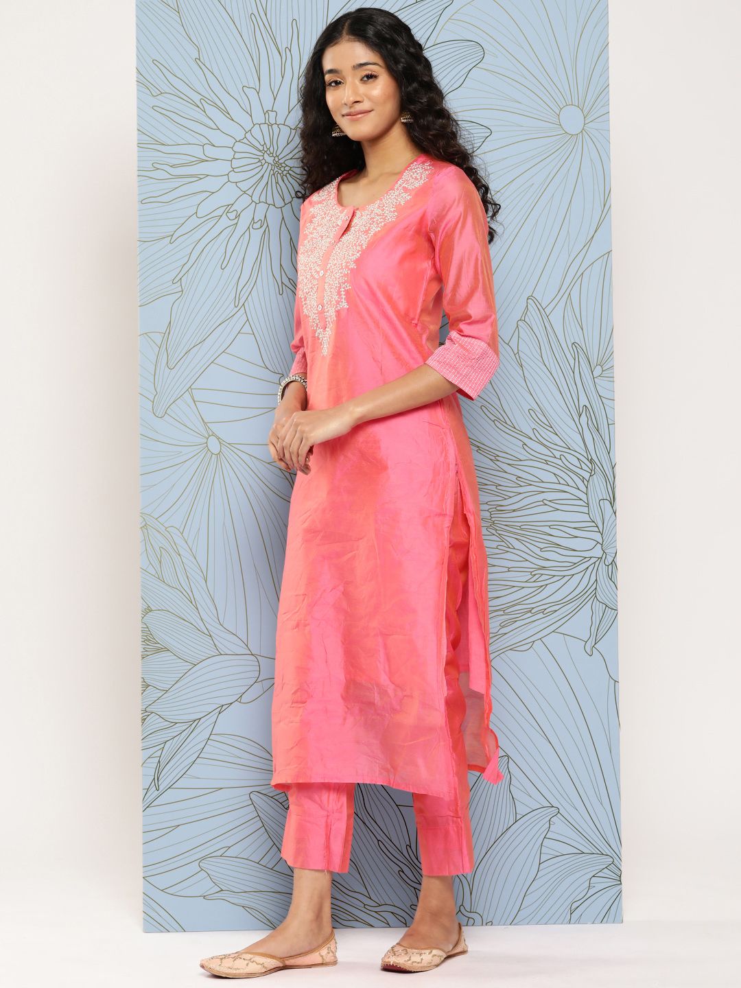 Dhiyona VA Women'sYoke Design Regular Sequinned Chanderi Silk Kurta with Trousers & With Dupatta
