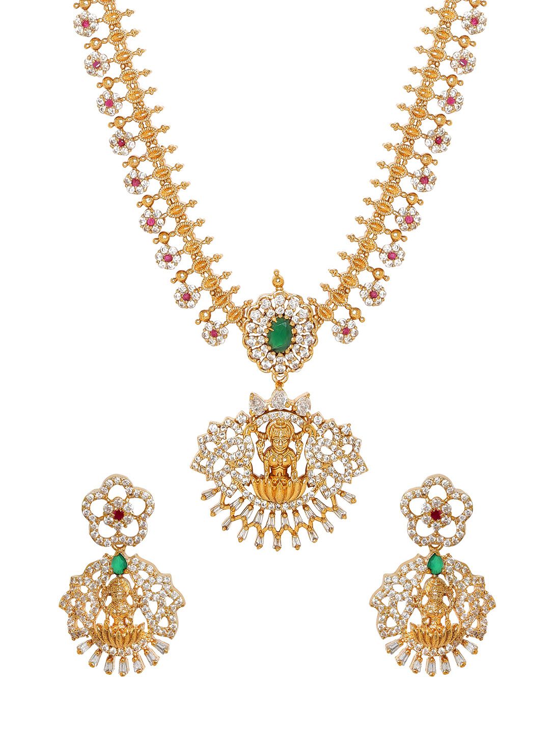 Dhiyona RJ Women's 22 KT Gold Plated CZ Emerald-Studded Goddess Lakshmi Jewellery Set