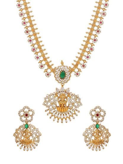 Dhiyona RJ Women's 22 KT Gold Plated CZ Emerald-Studded Goddess Lakshmi Jewellery Set