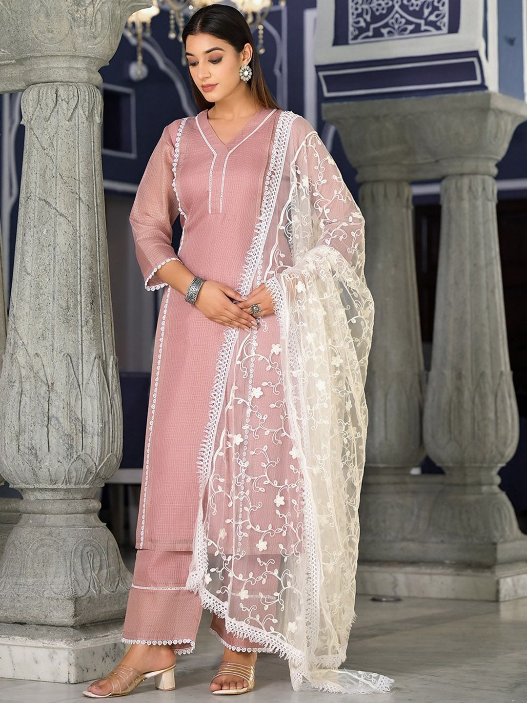 Dhiyona VA Women'sFloral Regular Thread Work Kurta with Trousers & Dupatta