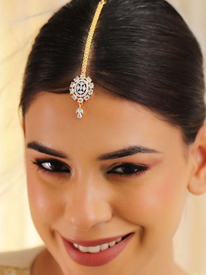 Dhiyona RJ Women's 18K Gold-Plated White Cubic Zirconia Studded Maang Tikka Head Jewellery