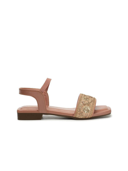 Dhiyona AK Pink & Gold-Toned Embroidered Open Toe Flats
