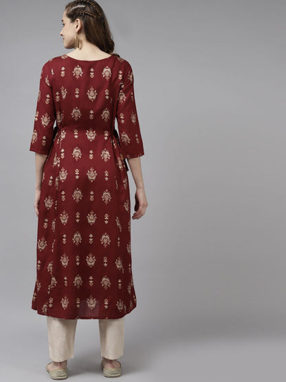 Dhiyona IE Women Maroon & Beige Foil Print Keyhole Neck A-Line Kurta