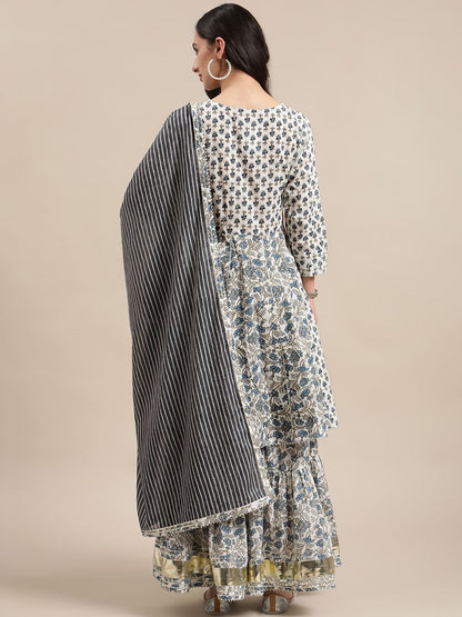 Dhiyona VA Women's White Floral Printed Regular Pure Cotton Kurta with Palazzos & With Dupatta