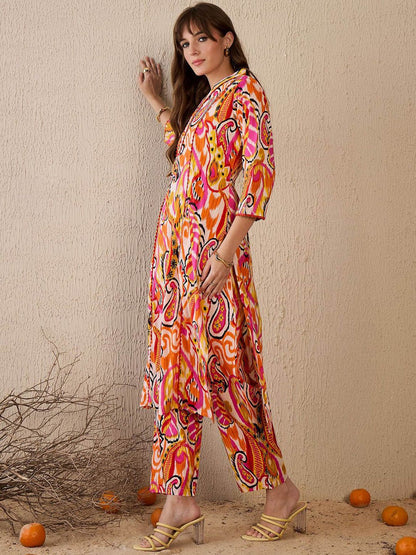 Dhiyona IE Women Printed Panelled Pure Cotton Kurta with Trousers