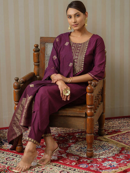 Dhiyona OD  Purple Ethnic Motifs Straight Kurta & Trousers With Dupatta