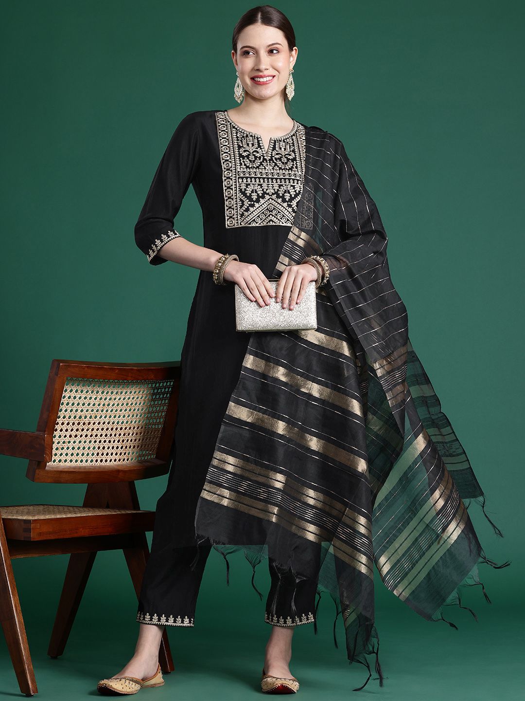 Yoke Design Zari Liva Kurta With Trousers & Dupatta