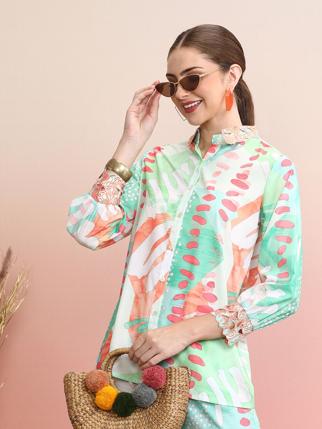 Dhiyona IE Green Abstract Printed Spread Collar Shirt With Palazzos