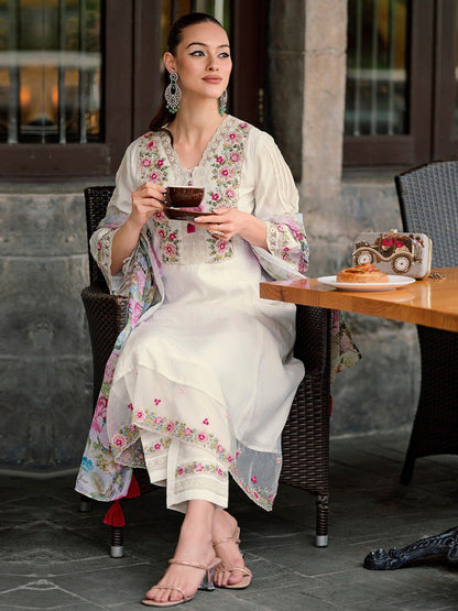 Dhiyona IE Floral Embroidered Thread Work A-Line Kurta With Trousers & Dupatta
