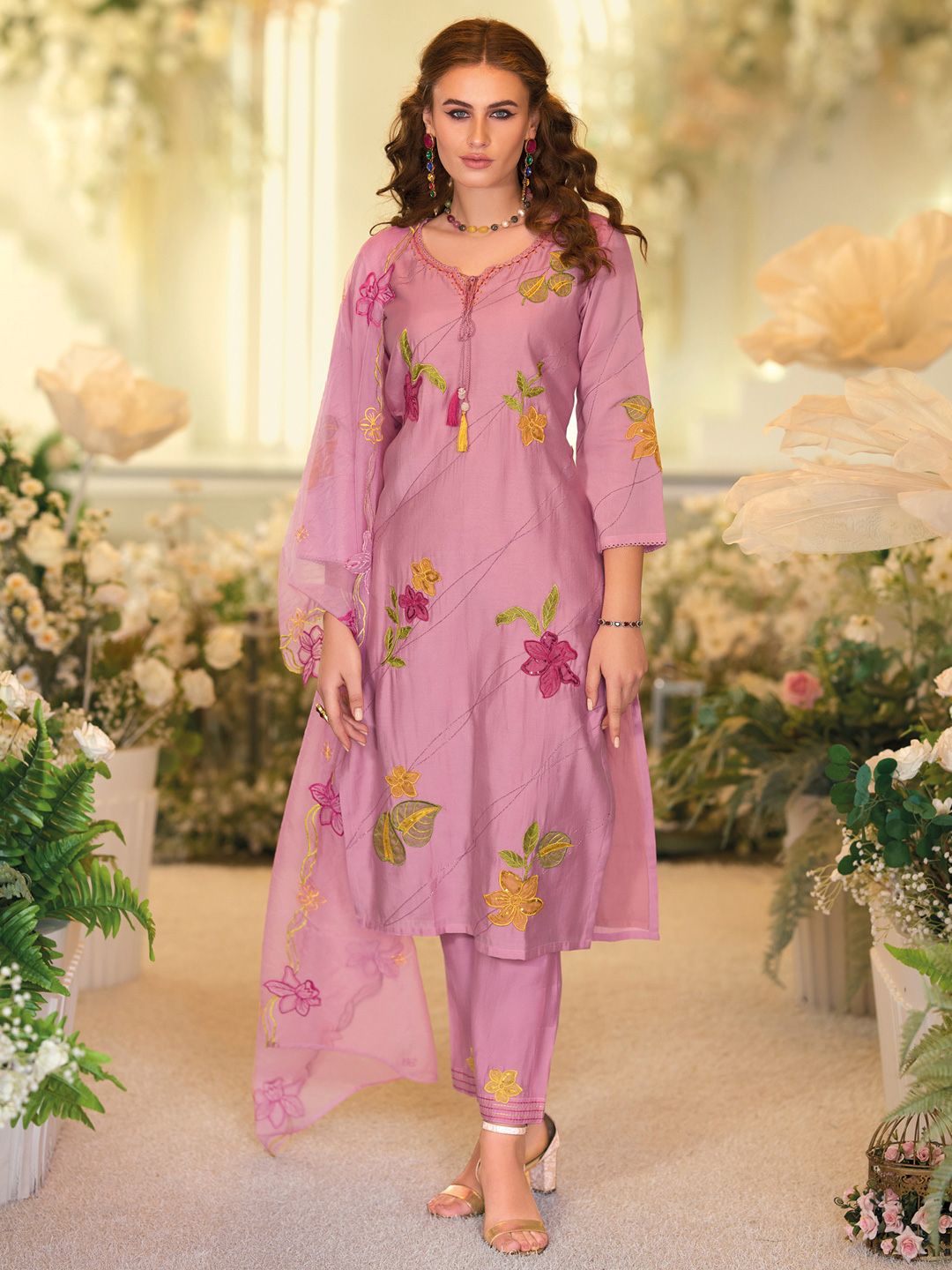 Floral Embroidered Tie-Up Neck Kurta With Trousers & Dupatta