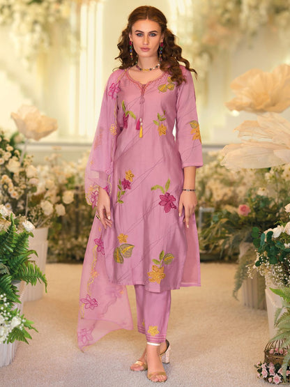 Floral Embroidered Tie-Up Neck Kurta With Trousers & Dupatta