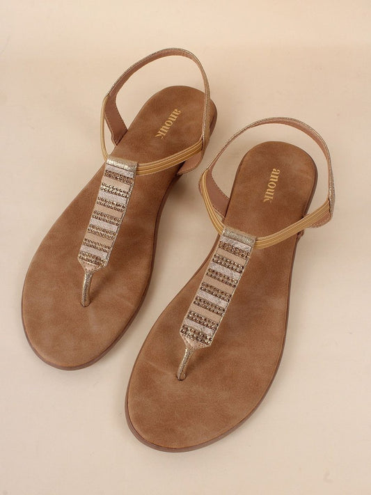 Dhiyona AK Beige Embellished T-Strap Flats With Backstrap