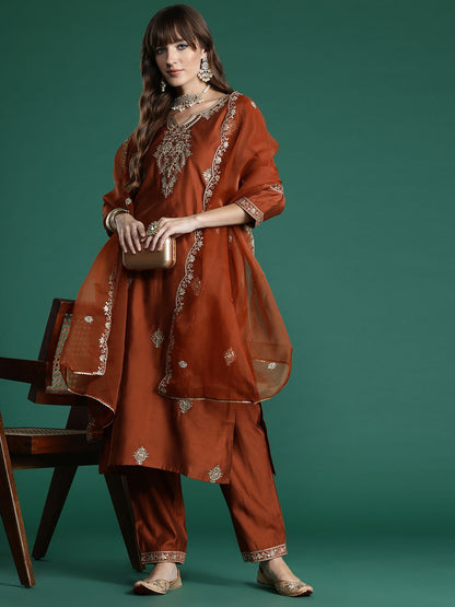 Floral Embroidered Liva Kurta with Trousers & With Dupatta