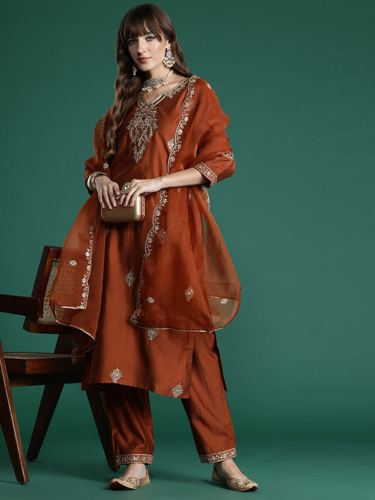 Floral Embroidered Liva Kurta with Trousers & With Dupatta