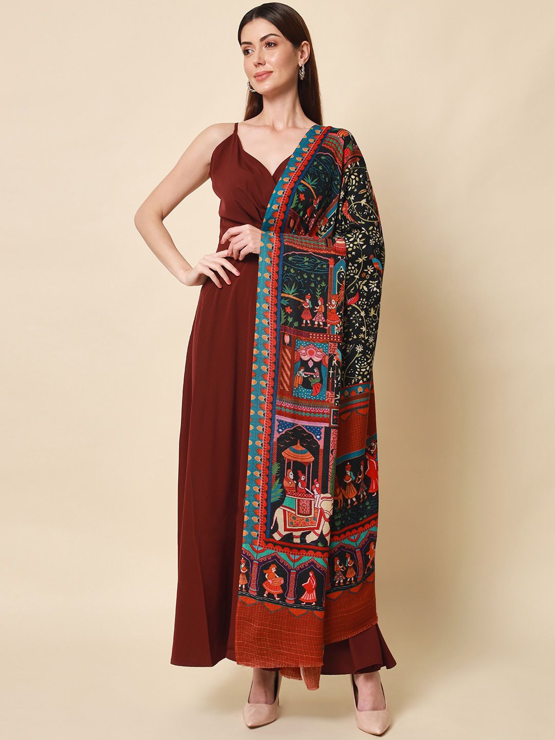 Dhiyona PA Women Brown Printed Pure Wool Shawl