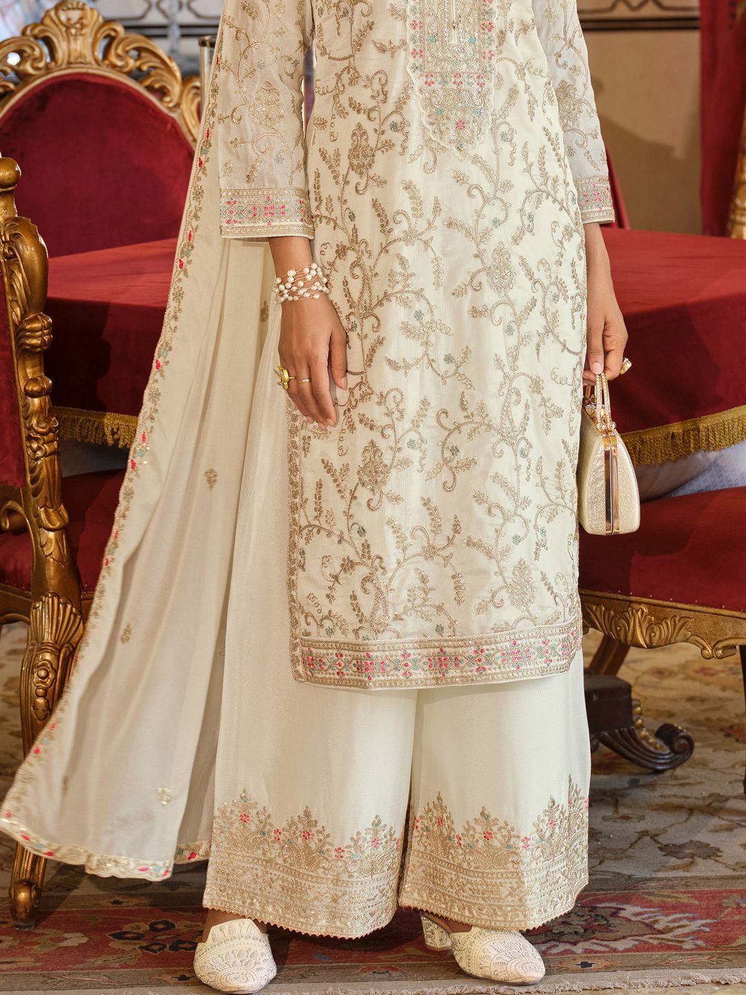 Adults-Women Woven Design Embroidered Kurta with Palazzos & Dupatta