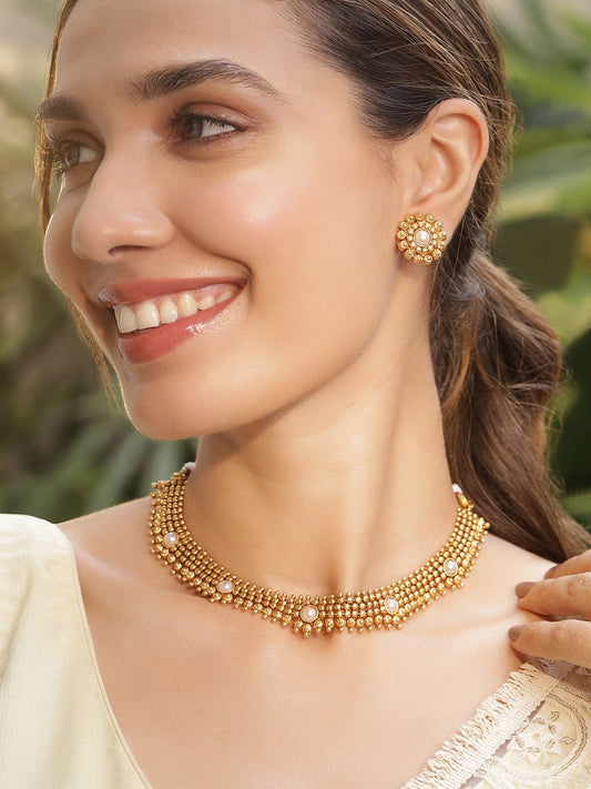 Dhiyona RJ Women's 22K Gold-Plated White Pearl Studded Traditional Choker Necklace Set with Gold Beads