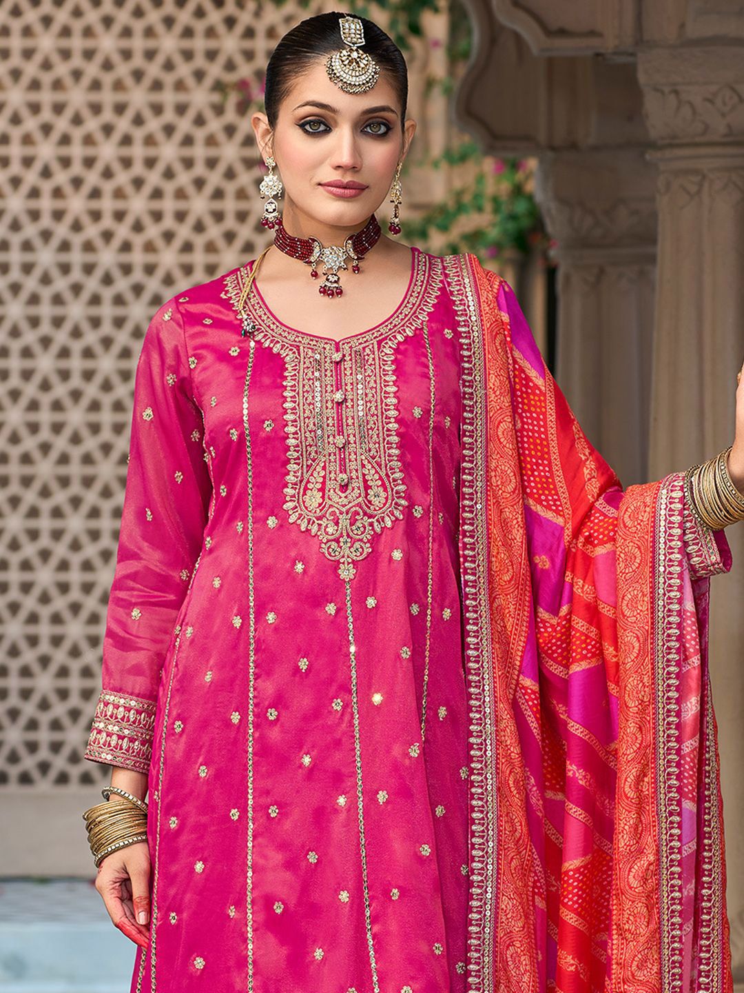Ethnic Motifs Embroidered Sequinned Anarkali Kurta with Trouser & Dupatta