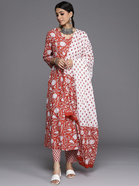 Dhiyona VA Women's Red Ethnic Motifs Printed Pure Cotton Kurta with Trousers & Dupatta