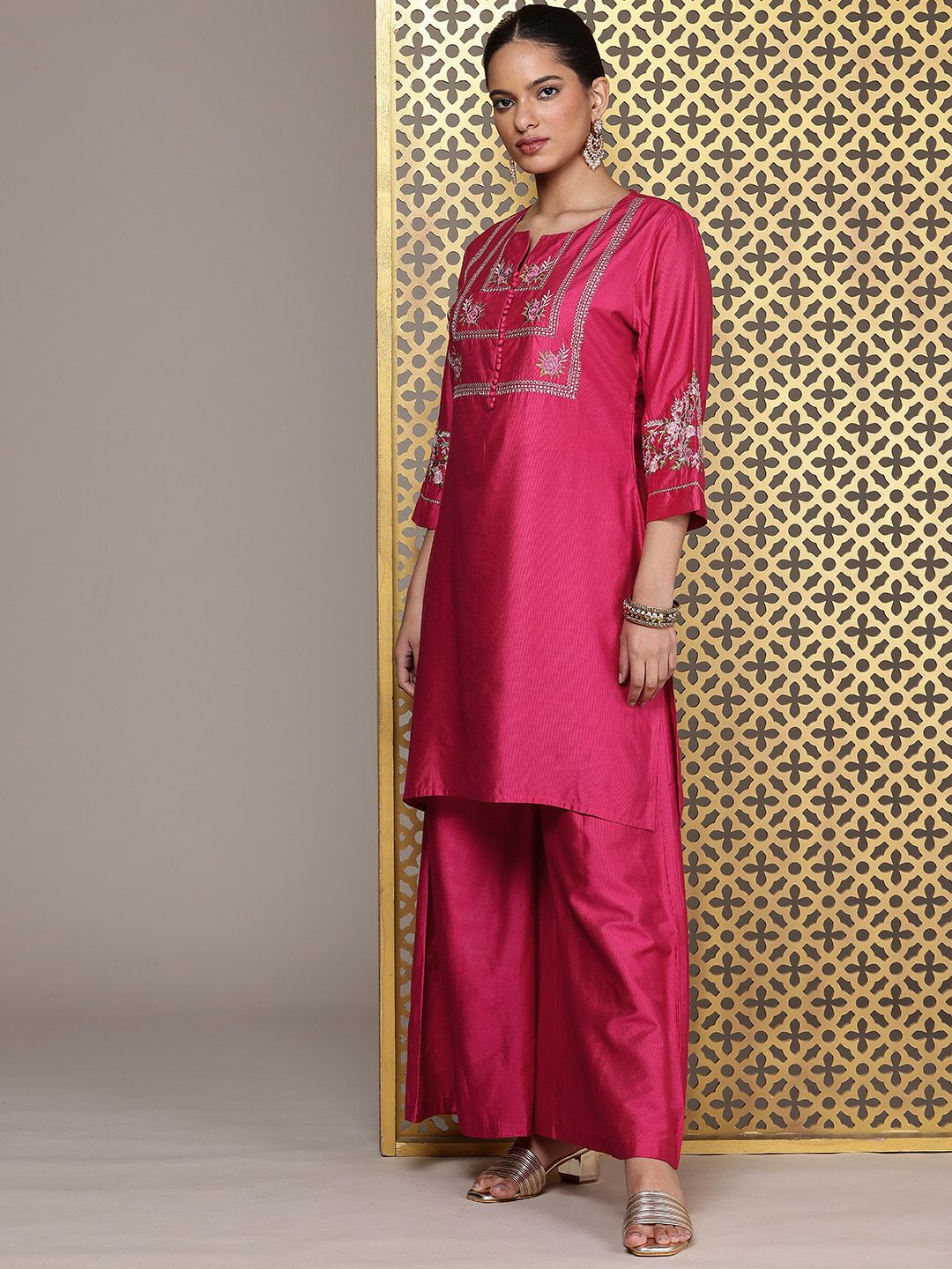 Dhiyona PD Women Floral Embroidered Thread Work Jashn Kurta with Palazzos & Dupatta