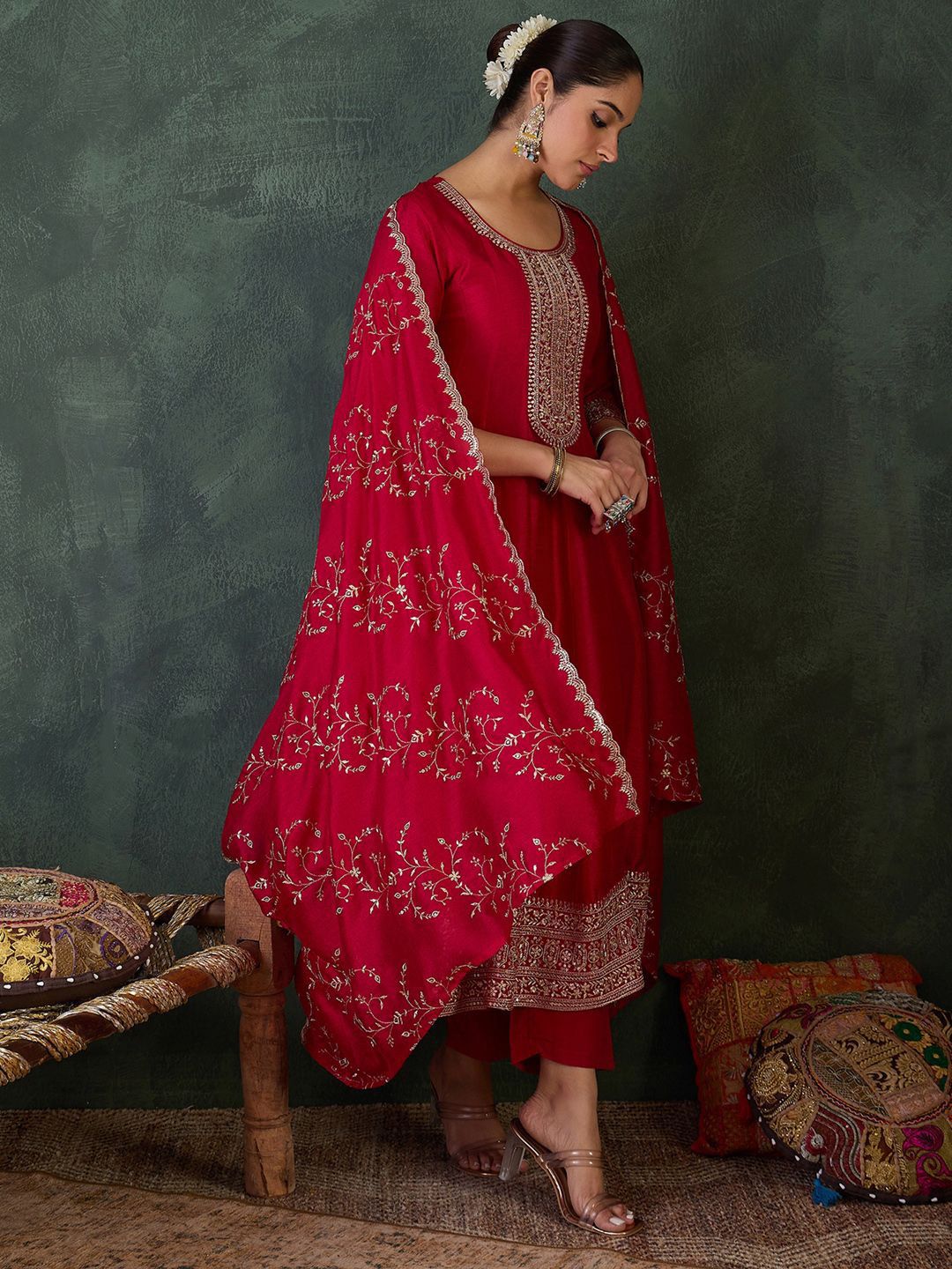 Women Ethnic Motifs Embroidered Sequinned Kurta with Trousers & With Dupatta