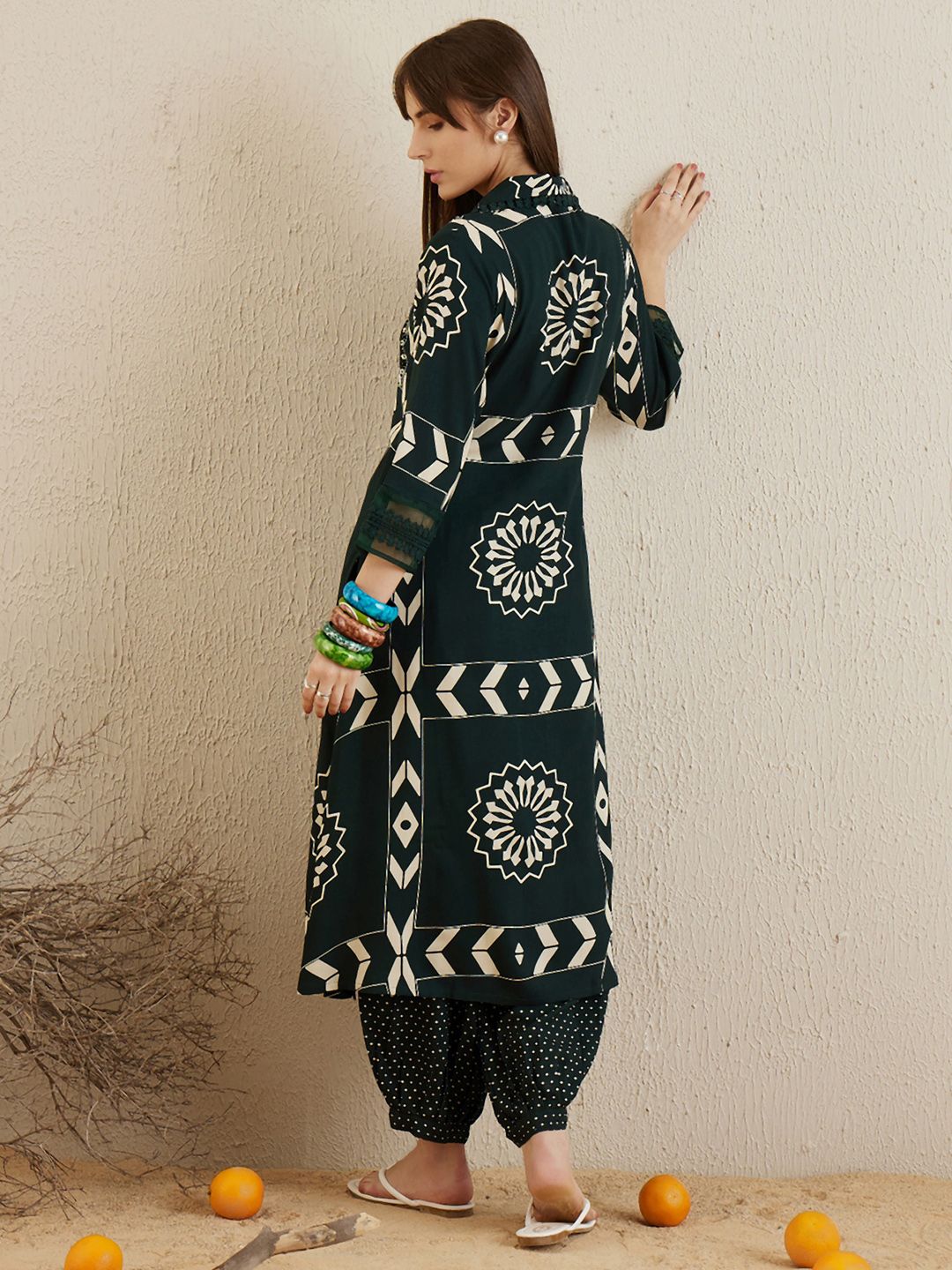 Green Floral Printed Stones & Beads Shirt Collar Straight Kurta with Salwar